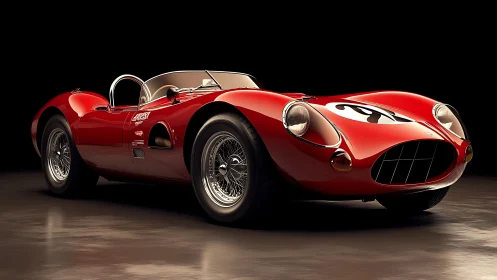 Scarlet vintage racer prowling a spotlighted studio stage.