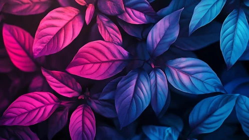 Neon twilight leaves humming with pink and electric blue glow.