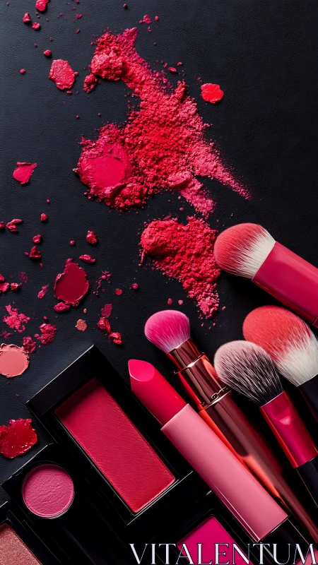 Pink cosmetic brushes and crushed powders on dark surface.