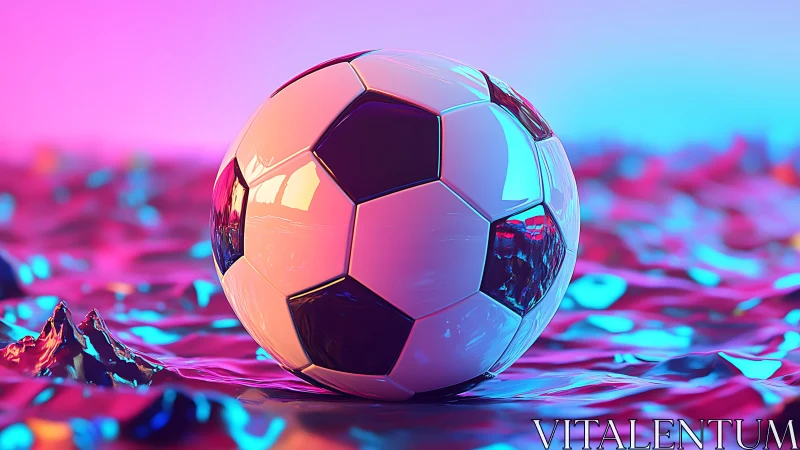 Soccer ball rests on neon chrome surface under cyber glow.