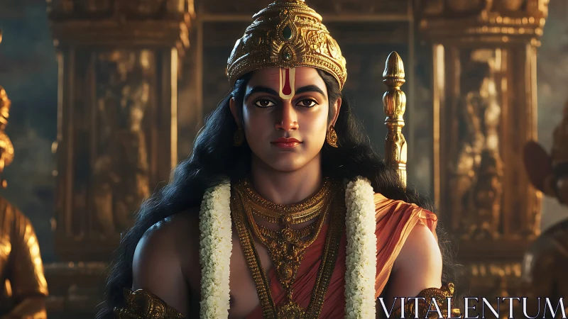 Regal figure in golden crown within ornate temple interior.