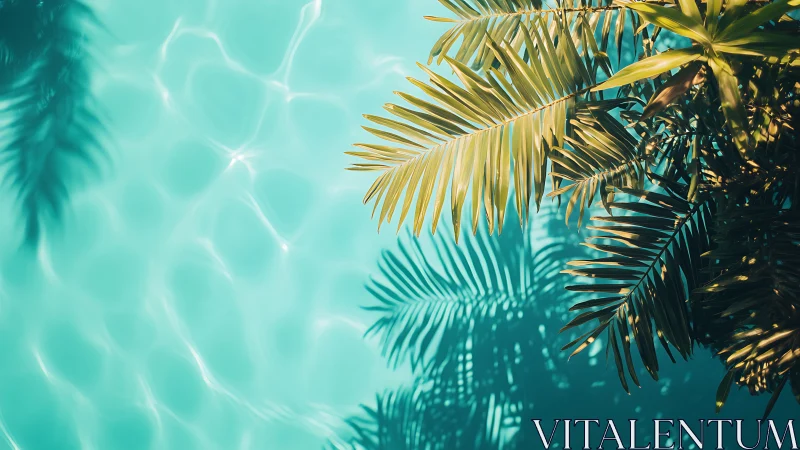 Golden palm fronds cast dreamy shadows over turquoise water