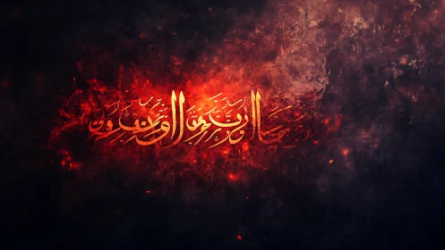 Glowing Arabic calligraphy rising from deep ember shadows.