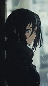 Melancholic anime girl leaning by a window in winter.