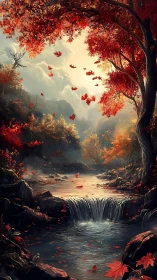 Crimson leaffall over a whispering autumn waterfall dreamscape.