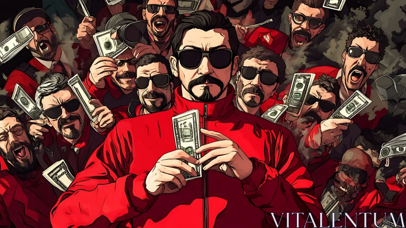 Group of men in red attire holding money in crowd scene.