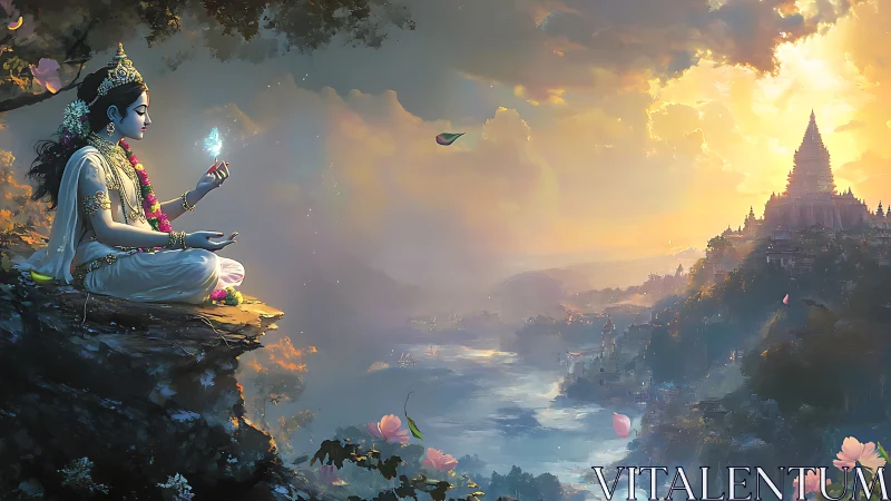 Meditating goddess on cliff above river and distant temple.