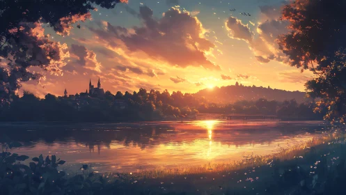 Sunset glows over tranquil lake beside distant hillside town