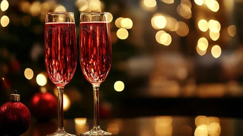 Crystal Flute Glasses with Sparkling Red Liquid Against Bokeh Backdrop