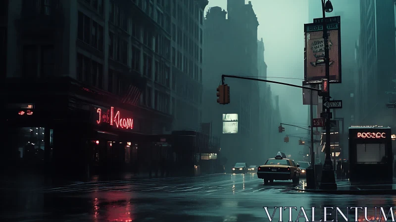 Neon taxi drifting through rain soaked midnight canyon streets.