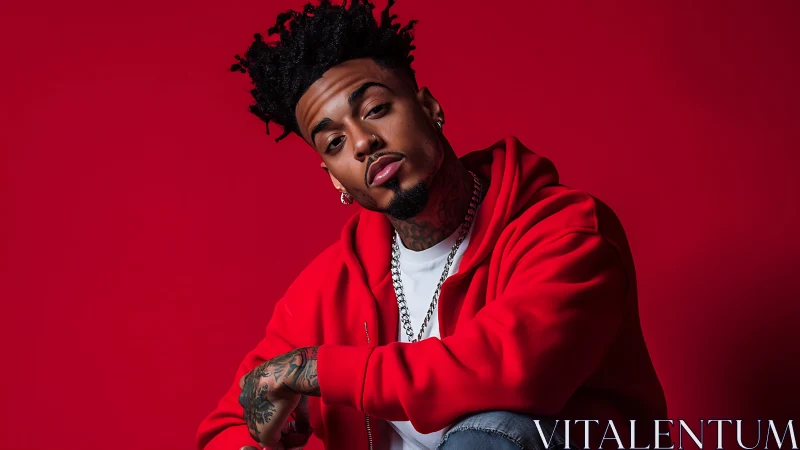 Man in red hoodie sits against solid red studio backdrop