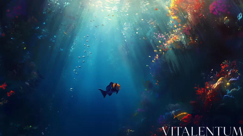 Gentle clownfish drifts through sunlit, colorful reef depths