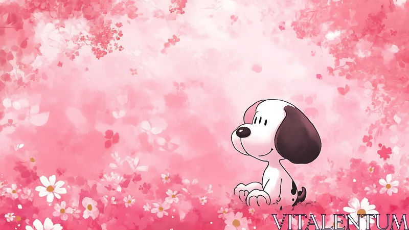 Cartoon puppy sitting in dreamy pink floral meadow.