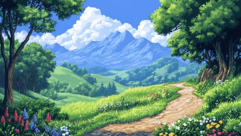 Pixel landscape path curving through lush spring valley.