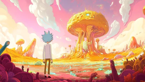 Lone traveler surveys glowing alien mushroom metropolis.