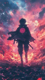 Backlit swordsman silhouette amid flaming vortex sky.