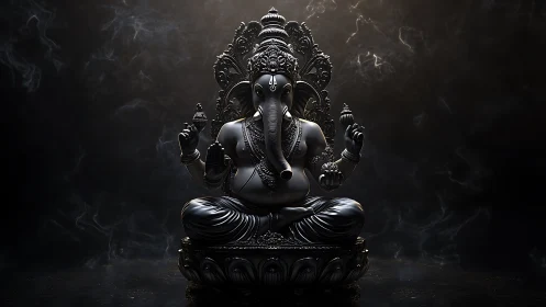 3D dark metal Ganesha idol in dramatic smoky light.