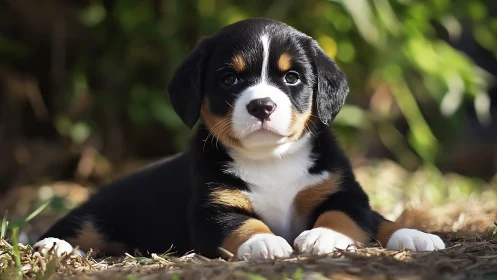 Low-angle daylight portrait of tricolour puppy in shallow depth