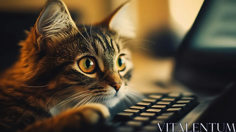 Tabby Cat at Computer Keyboard with Golden Eyes.