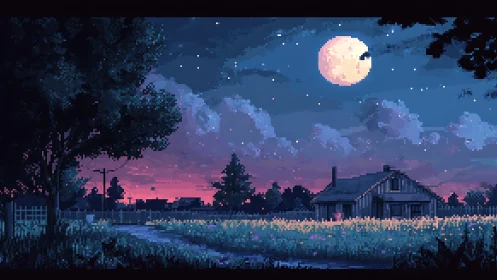 Pixel art rural nightscape with moonlit cottage and field.