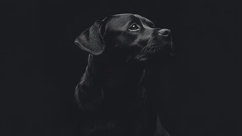 Black labrador portrait glows against deep black background