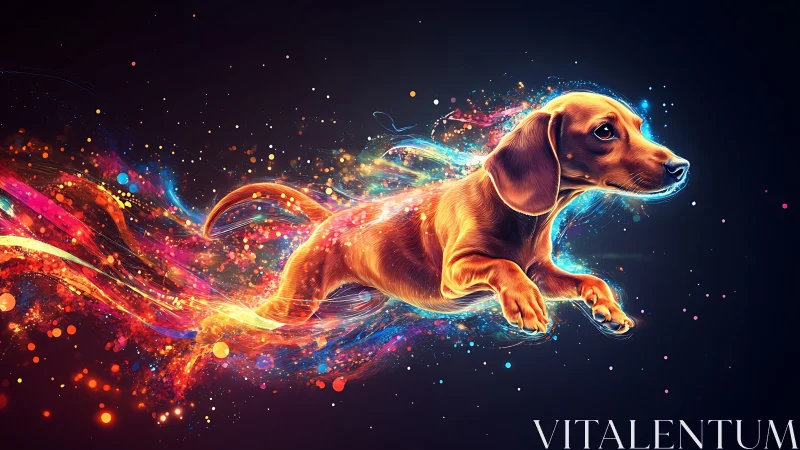 Playful dachshund dashes through a trail of neon stardust.