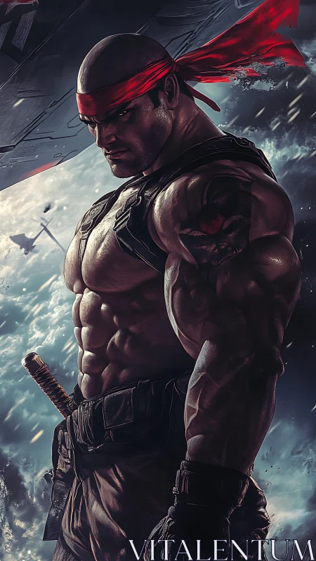 Muscular warrior with red headband against stormy sky.