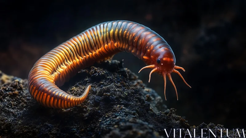 Glowing millipede exploring dark soil like a tiny lantern.