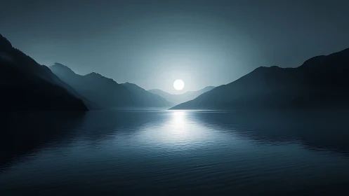 Calm moonlit lake framed by distant dark mountain ranges.