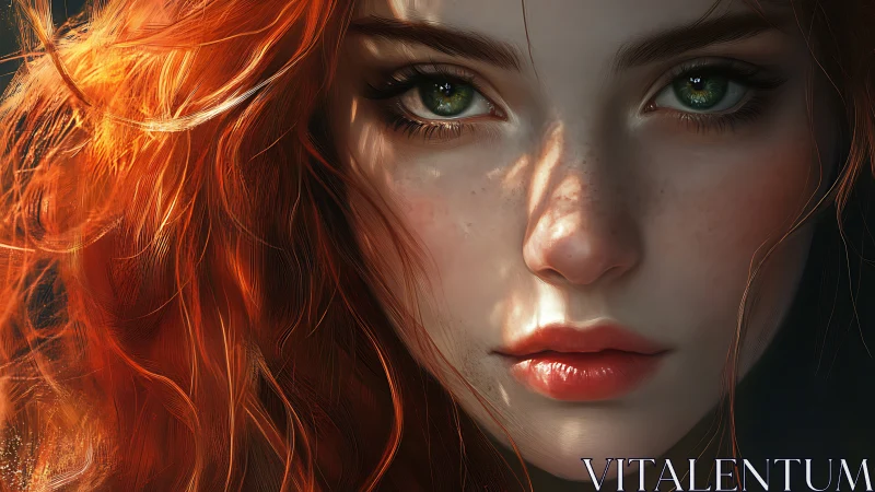 Fiery redhead portrait with luminous green eyes in shadow