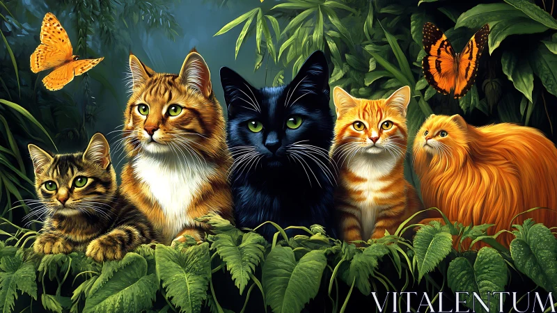 Five Felines in Verdant Jungle Habitat with Lepidoptera.