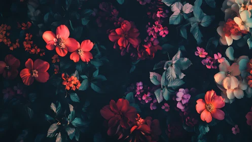 Dark Floral Garden with Red and Coral Blooms.