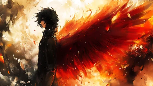 Dark-winged figure in infernal red blaze digital painting.