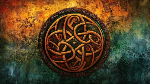 Intricate Celtic knot emblem glows on textured rustic wall.