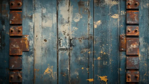 Weathered blue metal doors with rusted bolted plates exposed.