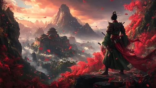 Samurai overlooking crimson valley fortress at dawn.