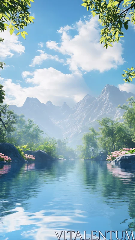 Serene alpine river with reflective water and misty peaks.