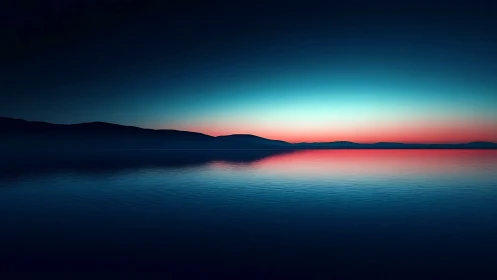 Twilight horizon over still water with cyan magenta gradient glow