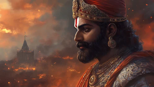 Warrior king in jeweled armor before burning temple city.