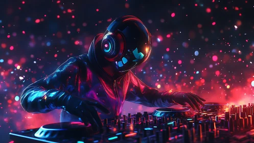 Helmeted cosmic DJ steers neon galaxies across the mixer