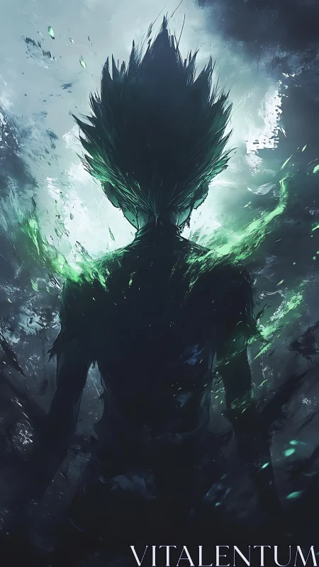 Emerald storm silhouette ignites in otherworldly shadowfire.