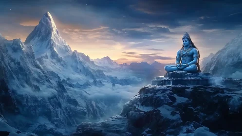 Serene blue deity meditates above vast Himalayan peaks at dawn
