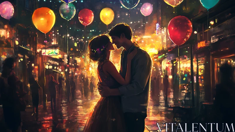 Glowing Romance Under Neon Balloons in the City.