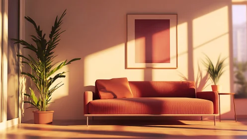 Sunlit minimalist living room with coral modern sofa.