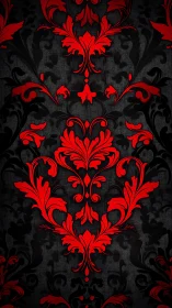 High-contrast red damask floral motif on textured black field