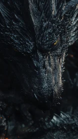 Midnight dragon sentinel glaring through ember fog.