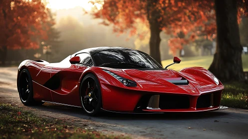 Red exotic sports car parked on forest road in autumn.
