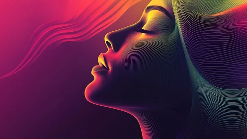 Neon gradient portrait merges flowing contour lines.