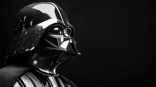 Black armored sci fi figure in reflective helmet profile view