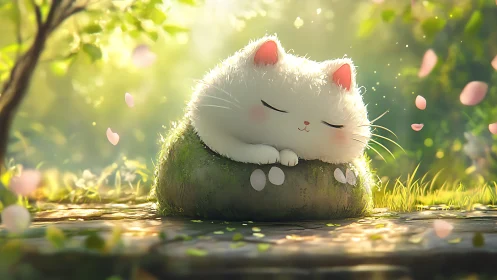 Fluffy white cat sleeping on moss cushion in golden grove.